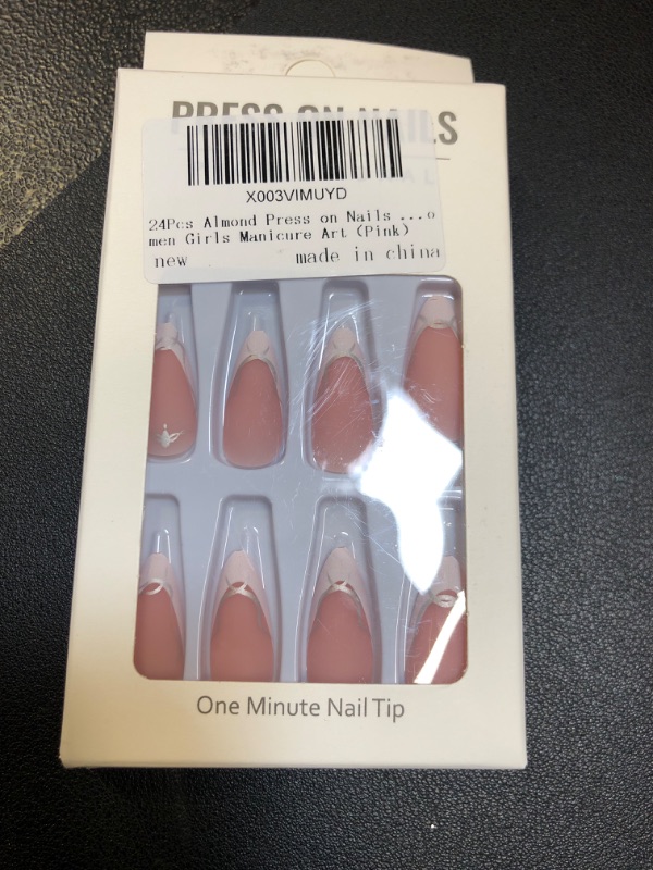 Photo 2 of 24Pcs Almond Press on Nails Medium Fake Nails French Tip False Nails with design Artificial Acrylic Full Cover Glue on Nails White Stripe Stick on Nails for Women Girls Manicure Art?Pink? A6