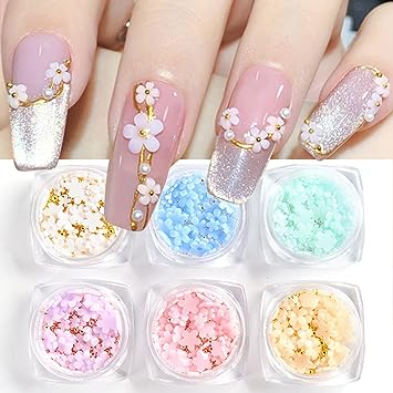 Photo 1 of 6 Boxes 3D Flower Nail Art Charms Light Change Nail Decals for Acrylic Nail Art Accessories with Pearl Golden Caviar Beads Glitter Nail Supplies Stud Design Jewelry Women DIY Decoration Tips
