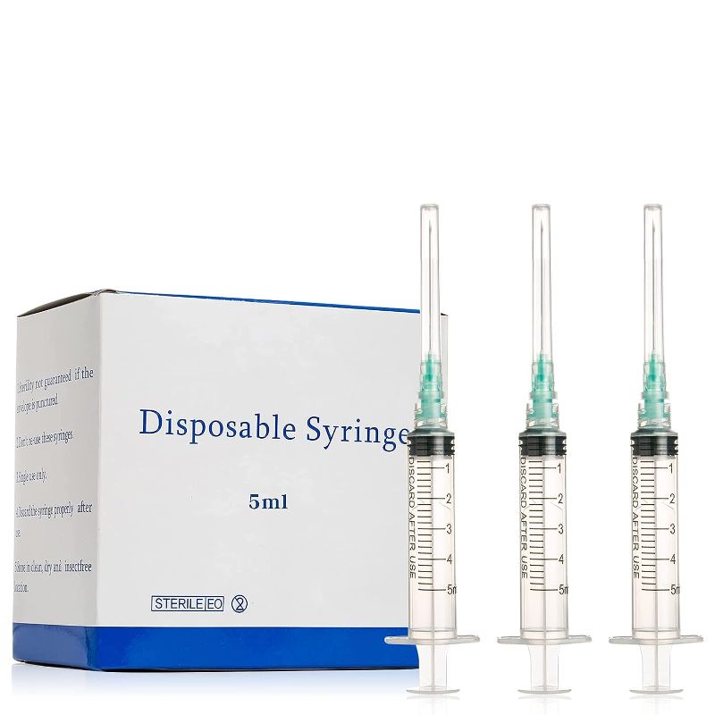 Photo 1 of 100Pack Disposable 5ml Syringe with 21G 1.5inch Needle Lab Supplies, Individually Packaged
