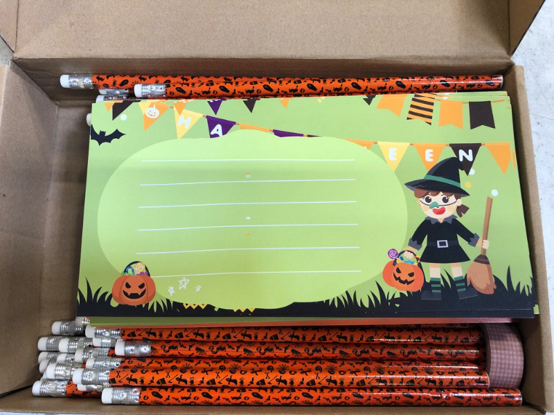 Photo 2 of 96 Pcs Halloween Party Favor for Kids, Halloween Stationery Pencil Greeting Cards, Halloween Classroom Prizes Treat or Trick Toys Goodie Bag Stuffers