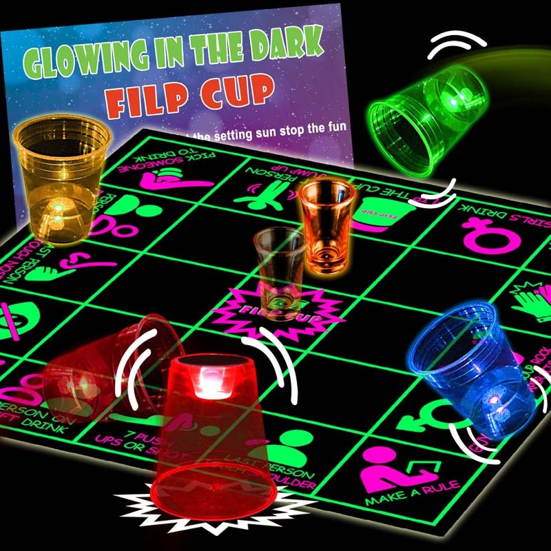 Photo 1 of 2-IN-1 Glowing Party cups and board Games with Command Flip Cup Indoor Outdoor, Blacklight bachelorette neon Party Supplies with Game Board and Glow party Cups for glow party, neon party etc.
