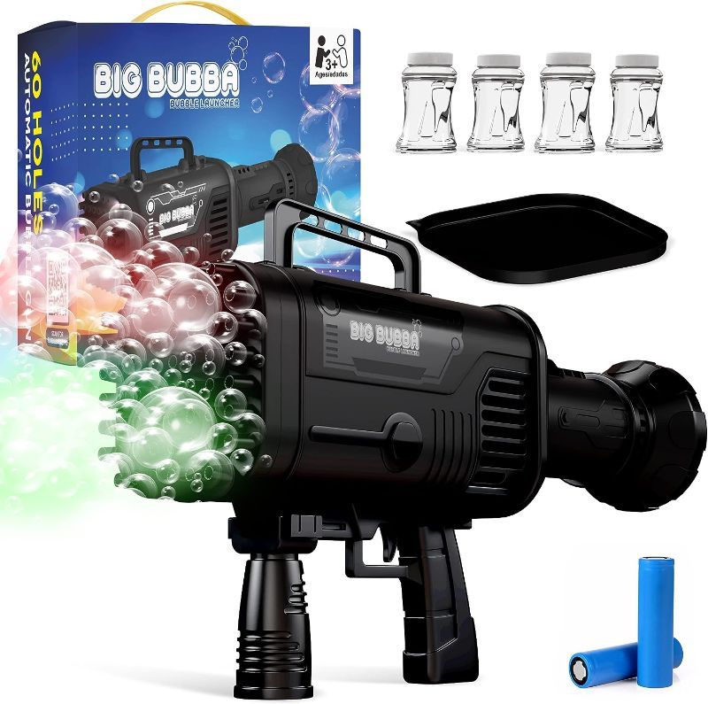 Photo 1 of Bubble Machine Gun (2 Batteries) | Automatic Bazooka Bubble Gun for Kids | 60 Hole Bubble Machine w/Solution & Lights | Bubbles for Toddlers, Kids and Adults | Parties, Wedding, Summer, Outdoor Toy
