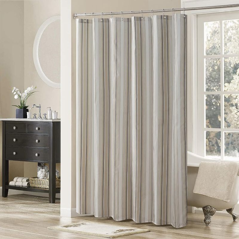 Photo 1 of  Greenville Taupe Striped Polyester Fabric Black Classic Shower Curtain,Khaki Waterproof Chic Bathroom Curtains,72" W x Extra 78" L
