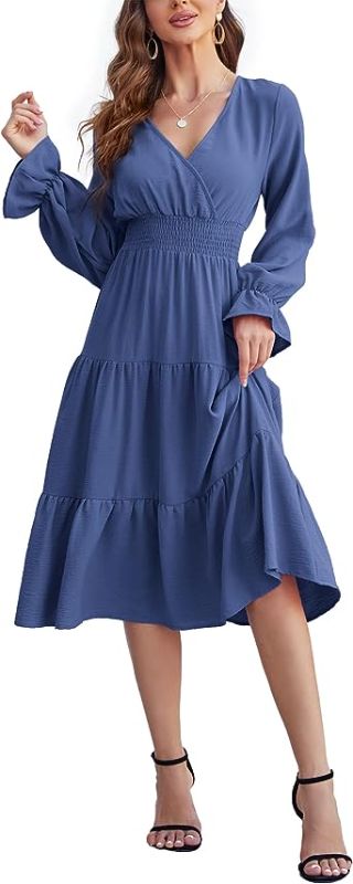 Photo 1 of KOJOOIN Women's Casual Wrap V Neck Midi Dress Long Sleeve Smocked Waist Tiered A Line Pleated Flowy Long Dress Blue L
