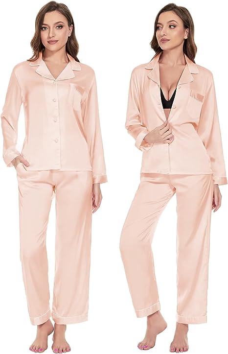 Photo 1 of Fenas pajamas for women Long Sleeve satin pajamas women Wrap Button womens pajamas Set womens pajamas with pockets Small Rose Gold