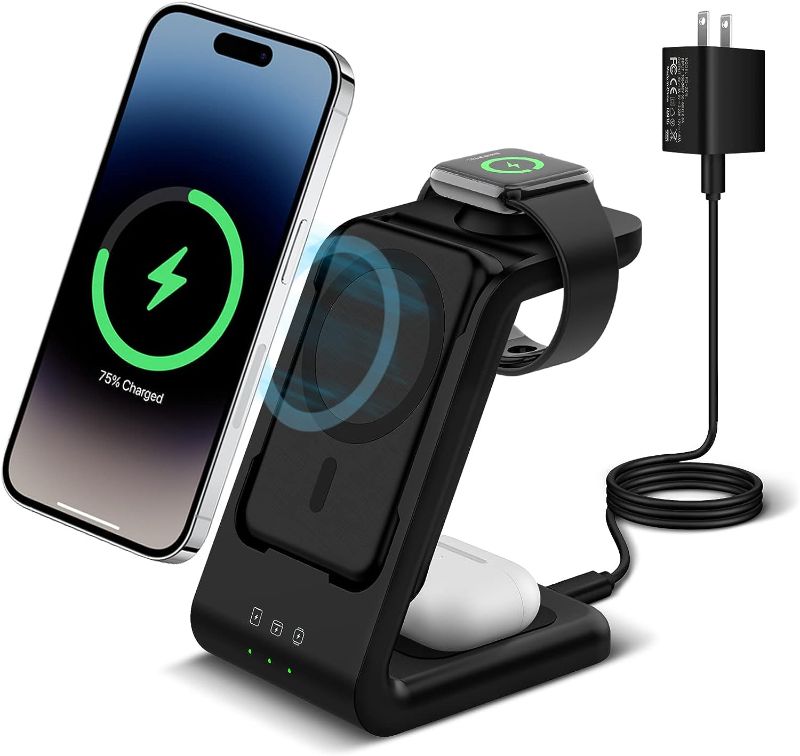 Photo 1 of 3 in 1 Wireless Charging Station, Fast Charger Stand Compatible for iPhone/Apple Watch/Airpods, 5000mAh Mag-safe Portable Battery Pack USB C Power Bank for 14 13 12 Series, 20W Charger Adapter (Black)
