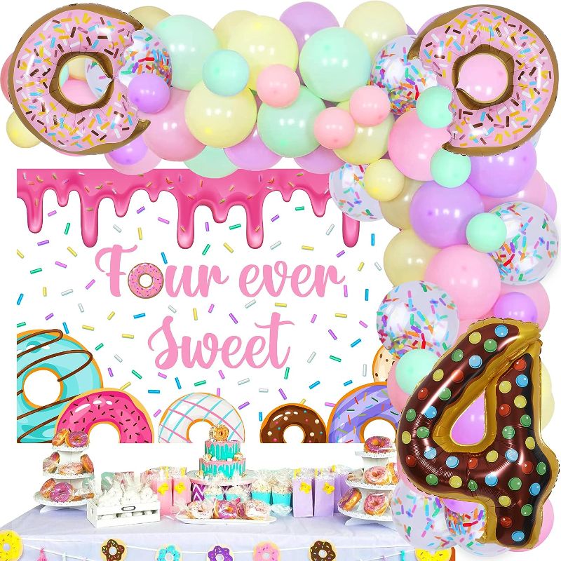 Photo 1 of Four Ever Sweet Birthday Decoration Girl Four Ever Sweet Party Supplies Favors Four Ever Sweet Birthday Backdrop Donuts Balloons