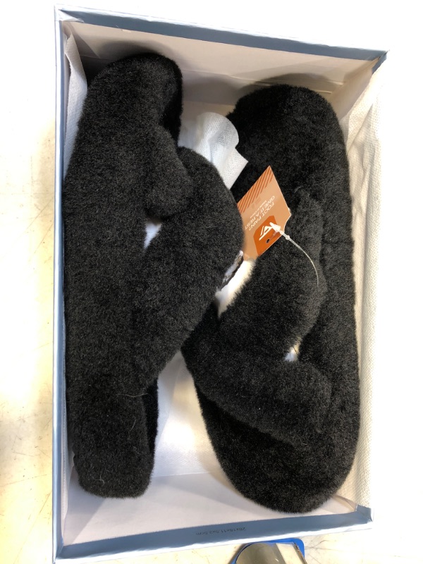 Photo 2 of JABASIC Women Cross Band Slippers Orthopedic Slides with Arch Support Faux Fur slides House Slipper Indoor Outdoor SIZE 8 Black