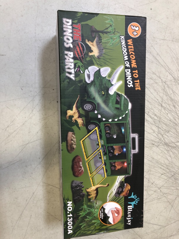 Photo 2 of BLUEJAY 21 Pack Dinosaur Toys for Kids 3-7, Dinosaur Truck with Oversized Dinosaur Map, Flashing Lights, Music and Roaring Sound, Kids Toys with 6 Pull Back Dinosaur Cars, 6 Dinosaur Toys (Green)