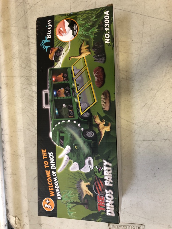 Photo 2 of BLUEJAY 21 Pack Dinosaur Toys for Kids 3-7, Dinosaur Truck with Oversized Dinosaur Map, Flashing Lights, Music and Roaring Sound, Kids Toys with 6 Pull Back Dinosaur Cars, 6 Dinosaur Toys (Green)