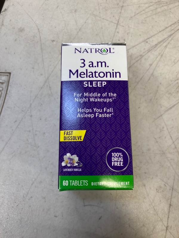 Photo 1 of Natrol 3 A.M. Melatonin Fast Dissolve Sleep Aid Supplement, Fall Back to Sleep, Dissolves in Mouth, Drug Free, 60 Lavender Vanilla Flavored Tablets 60 Count (Pack of 1) 3 AM Melatonin [EXP: 11/30/2023]