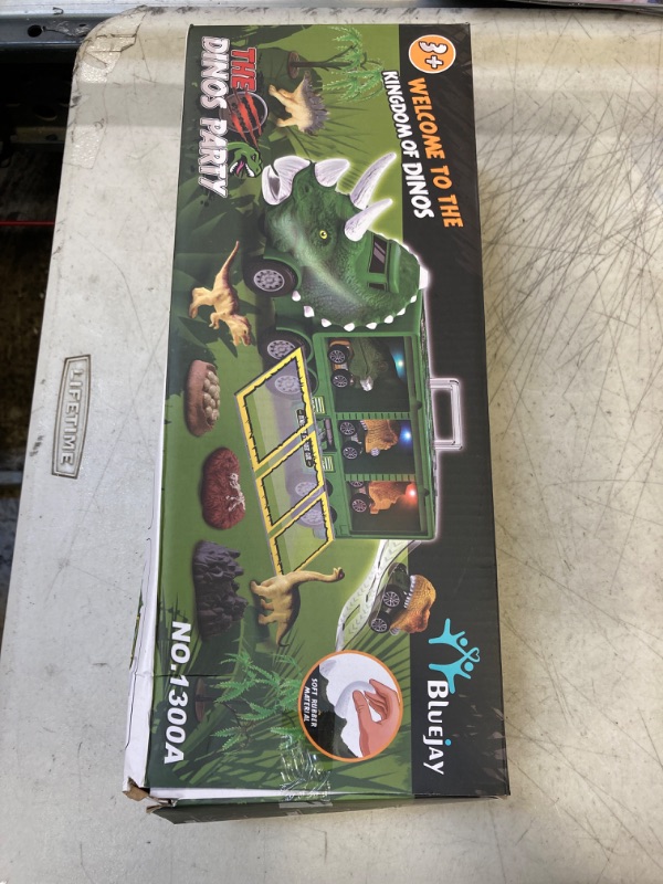 Photo 2 of BLUEJAY 21 Pack Dinosaur Toys for Kids 3-7, Dinosaur Truck with Oversized Dinosaur Map, Flashing Lights, Music and Roaring Sound, Kids Toys with 6 Pull Back Dinosaur Cars, 6 Dinosaur Toys (Green)