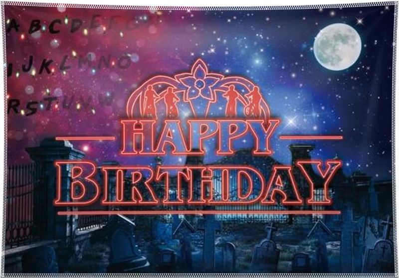 Photo 1 of 68x45inch Stranger Birthday Backdrop Alphabet Colourful Light Photography Background Monster Scary Town Boys Party Decoration Kids Baby Shower Supplies Banner Photo Shoot Booth