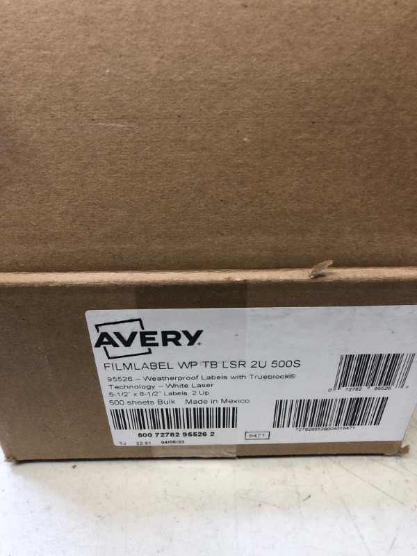 Photo 2 of Avery Waterproof Labels, Ultrahold Adhesive, 5.5" x 8.5", Case of 1,000 Labels for Laser Printers (95526)