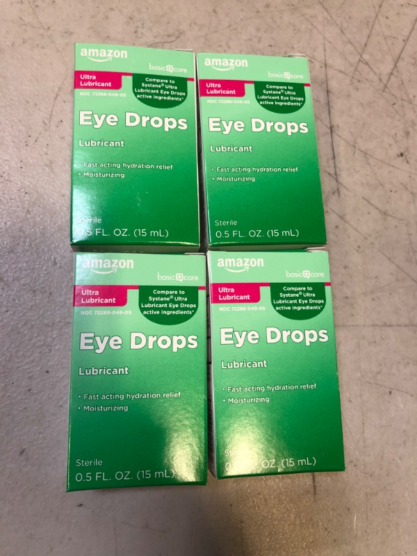 Photo 2 of [LOT OF 4] Amazon Basic Care Ultra Lubricant Eye Drops, Relieves Burning, Irritation and Discomfort, Clear, 0.5 Fl Oz [EXP: 12/2023]