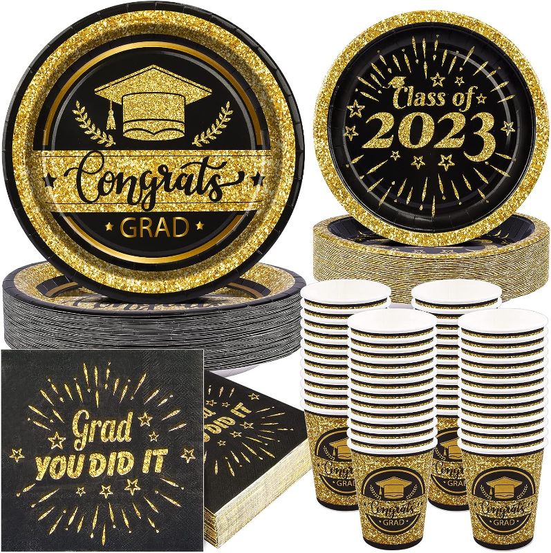 Photo 1 of .200pcs Graduation Party Supplies Plates and Napkins Cups Serve50, Black and Gold Class of 2023 Disposable Dinner Dessert Plates Cocktail Napkins Beverage Cups Dinnerware Set Congrats Grad Decorations

