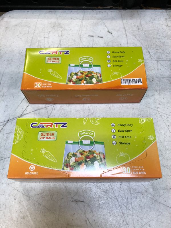 Photo 2 of 2 PACK-----CARTZ Heavy Duty Plastic Food Storage Bags - Eco-Friendly and Airtight Seal Slider Bags - Perfect for Storing Fruit Veggies, Meat, Milk, and Fish (30 Snacks) 30 Slider Zip - 8x4 inch ~ 20x10 cm