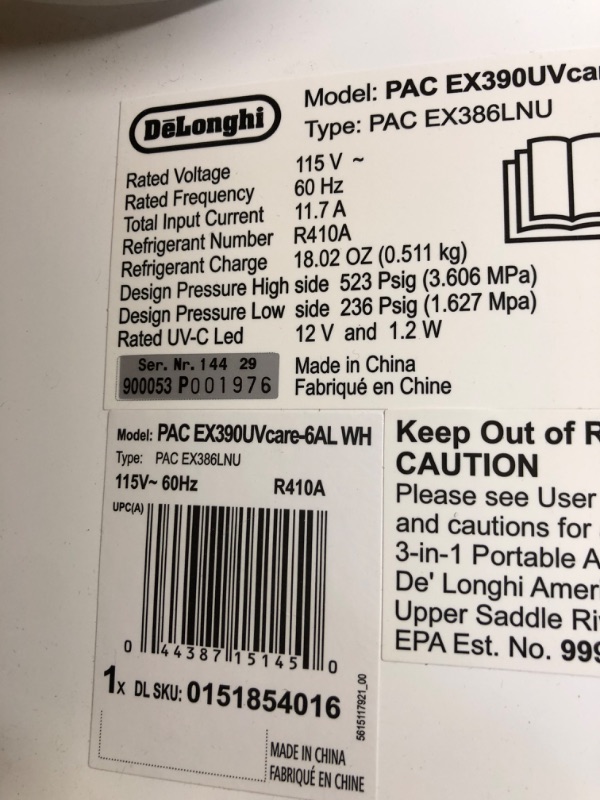 Photo 3 of De'Longhi PACEX390UVcare-6AL WH PAC Portable Air Conditioner, Dehumidifier, Fan & UV-Carelight, 14000 BTU + UV CARE, White White 14,000 BTU, UV light protection, 700 sq ft Conditioner