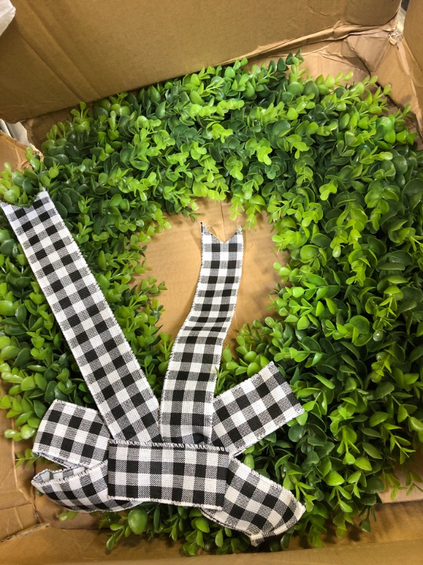 Photo 2 of 23" Faux Round Boxwood Wreath, Vlorart Artificial Boxwood Wreath Front Door Wreaths Artificial Spring Summer Greenery Hanging with A Plaid Bow for Front Door Wall Hanging Window Wedding Party Decor 23inch