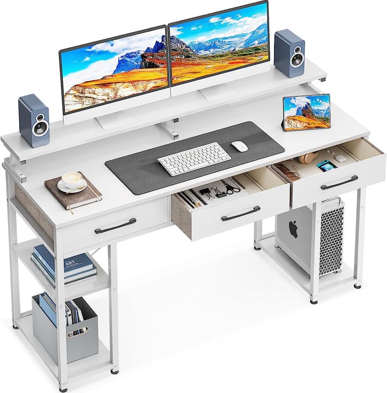 Photo 1 of ODK Computer Desk with Drawers and Storage Shelves, 63 inch Home Office Desk with Monitor Stand, Modern Work Study Writing Table Desk for Small Spaces, White + White Leg