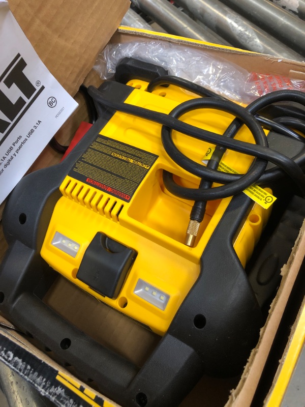 Photo 2 of DEWALT DXAEJ14 Digital Portable Power Station Jump Starter: 1400 Peak/700 Instant Amps, 120 PSI Digital Air Compressor, 3.1A USB Ports, Battery Clamps , Yellow