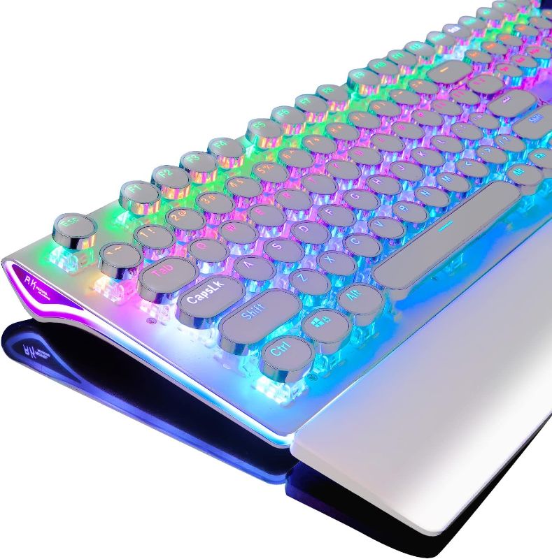Photo 1 of RK ROYAL KLUDGE S108 Typewriter Style Retro Mechanical Gaming Keyboard Wired with True RGB Backlit Collapsible Wrist Rest 108-Key Red Switch Round Keycap - White
