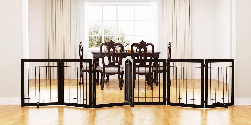 Photo 1 of  Wide 30-inches Tall Dog gate with Door Walk Through, Freestanding Wire Pet Gate for The House, Doorway, Stairs, Pet Puppy Safety Fence, Support Feet Included, Espresso,6 Panels