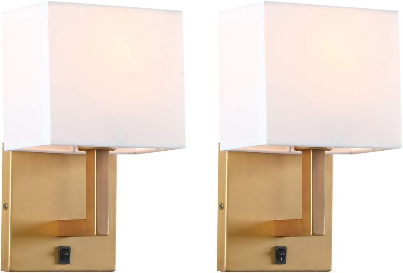 Photo 1 of Permo Set of 2 Single Wall Sconce Light Fixture with White Textile Shades and On/Off Switch Button Small Modern Nightstand Lamps for Bedrooms Bedside Reading (Antique)
