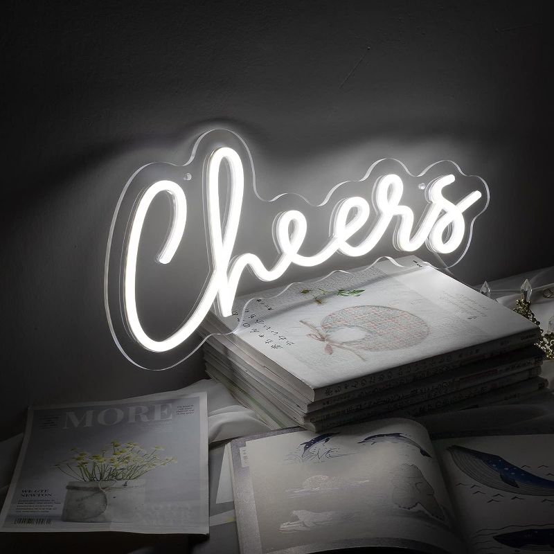 Photo 1 of NBZJ "Cheers" Neon Sign White Letter LED Neon Light Sign for Wall Decor Cheer Bar Light Up Sign for Bedroom Game Room Club Wedding Christmas Party 16.9" x 7.5" (White)