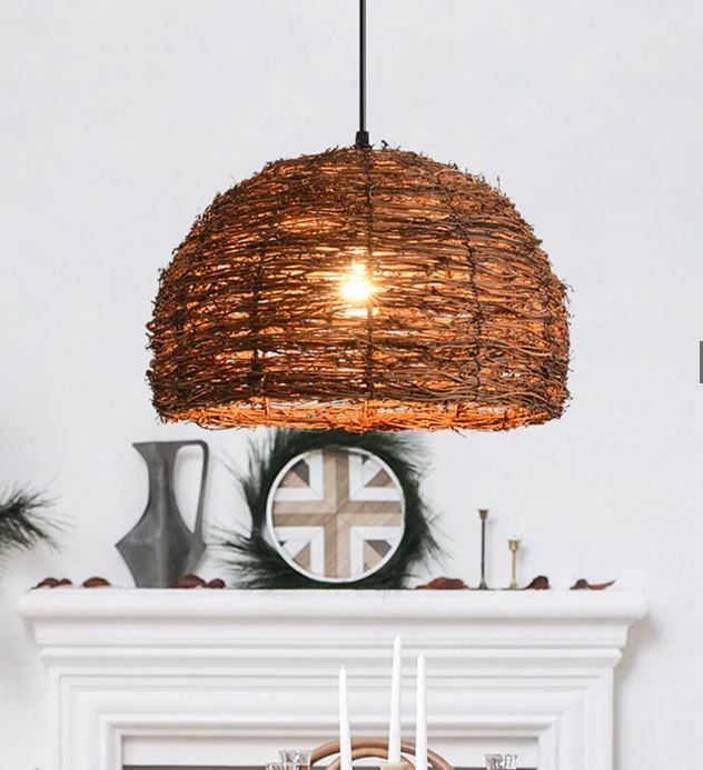 Photo 1 of Rattan Pendant Light Fixture - Wicker Chandelier Lights Dome Woven Hanging Light For Kitchen Island Nursery In Brown
