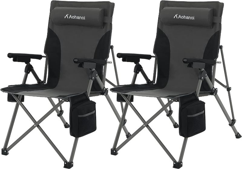 Photo 1 of 2 Pcs Aohanoi Gray Camping Chairs, Camping Chairs for Heavy People, Outdoor Folding Chairs with Adjustable Angled Backrest, Lawn Chairs Folding Supports up to 300lbs
