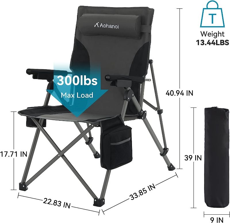 Photo 2 of 2 Pcs Aohanoi Gray Camping Chairs, Camping Chairs for Heavy People, Outdoor Folding Chairs with Adjustable Angled Backrest, Lawn Chairs Folding Supports up to 300lbs
