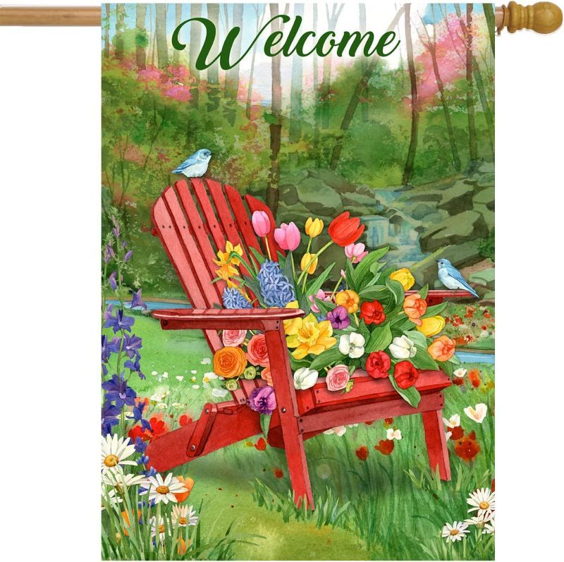 Photo 1 of Welcome Spring House Flag Tulip Adirondack Chair 28x40 Inch Double Sided, Decorative Yard Burlap Flag,Vertical Outdoor Spring Summer Decoration
