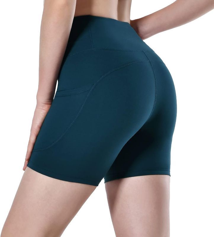 Photo 1 of Houmous Women's 2'' Inseam High Waist Biker Yoga Shorts with 4 Out Pockets - Blue - Sz Large
