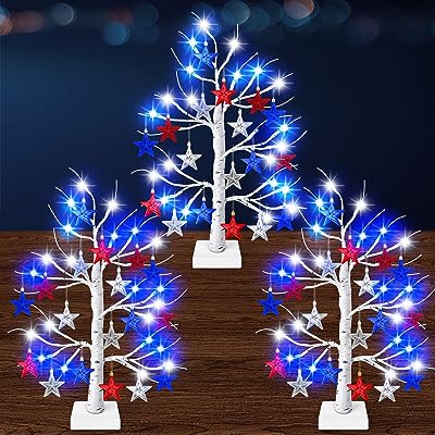 Photo 1 of 3 Pack Birch Tree with LED Lights, 24 Inches Independence Day Tabletop Lighted Birch Tree with Star Ornaments & Timer Function for July 4th Memorial Day Veterans Day Fireplace Table Decoration Decor https://a.co/d/9MUB0vE