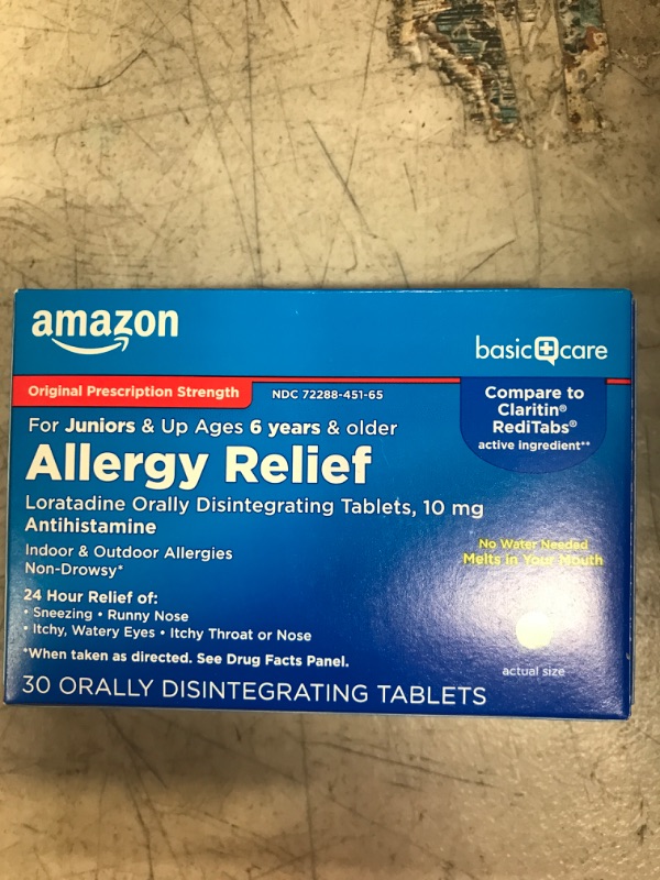 Photo 2 of Amazon Basic Care 24-Hour Allergy Medicine, Loratadine Orally Disintegrating Tablets, 10 mg, Antihistamine, Melts in Your Mouth, for Ages 6 and up, 30 Count Ages 6 and older 30 Count (Pack of )