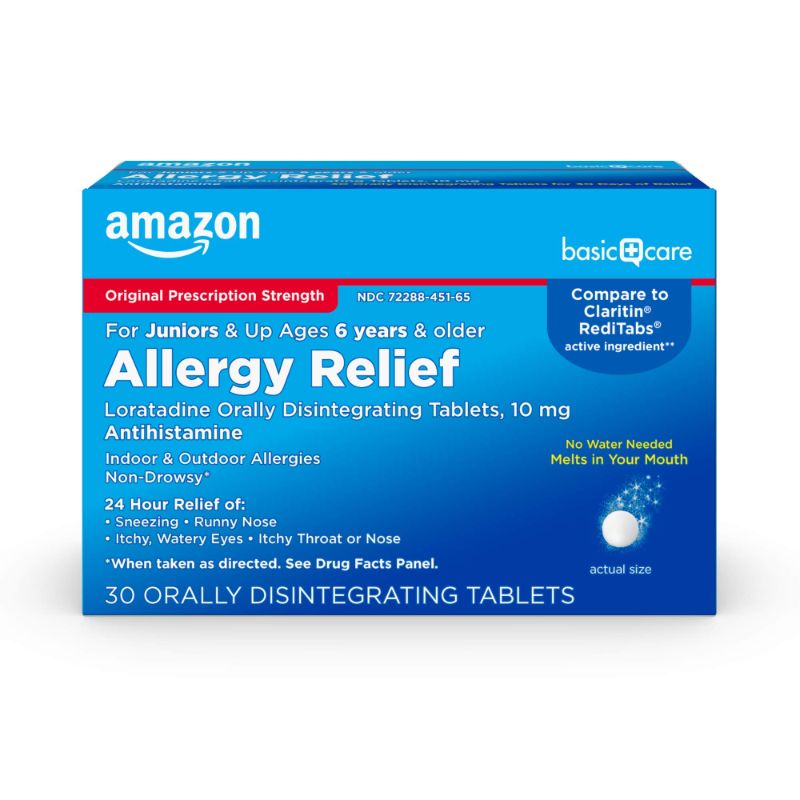 Photo 1 of Amazon Basic Care 24-Hour Allergy Medicine, Loratadine Orally Disintegrating Tablets, 10 mg, Antihistamine, Melts in Your Mouth, for Ages 6 and up, 30 Count Ages 6 and older 30 Count (Pack of )