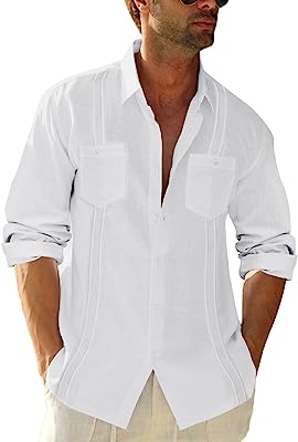 Photo 1 of Angeun Mens Guayabera Shirt Button Down Long Sleeve Cotton Linen Casual Hippie Cuban Camp Beach Tops - White - Sz Large