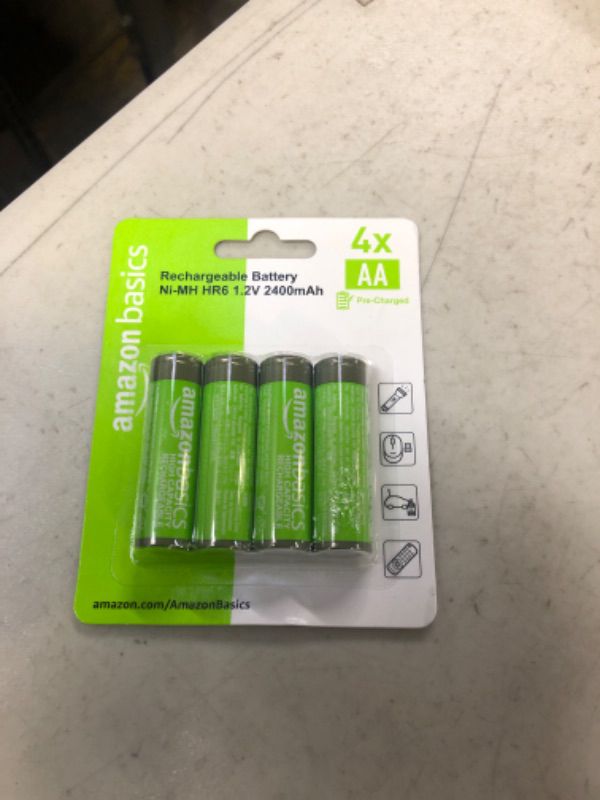 Photo 1 of Amazon Basics 4-Pack Rechargeable AA NiMH High-Capacity Batteries, 2400 mAh, Recharge up to 400x Times, Pre-Charged 4 Count (Pack of 1)