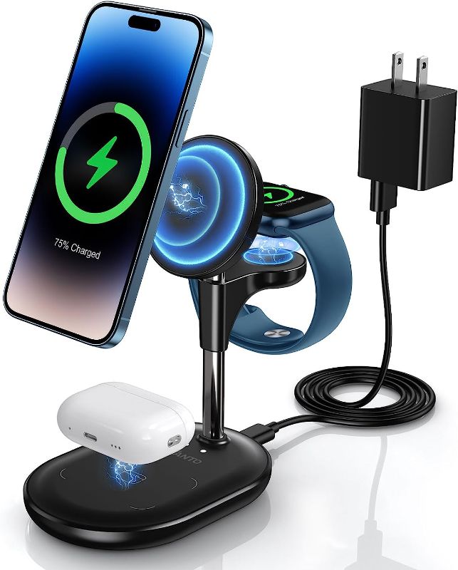 Photo 1 of 3 in 1 Wireless Charging Station for Apple MagSafe Charger, 15W Fast Magnetic Mag-Safe Charger Stand for iPhone 14 13 12 Series Apple Watch AirPods Multiple Devices, Adjustable Angle, Gifts for Men
