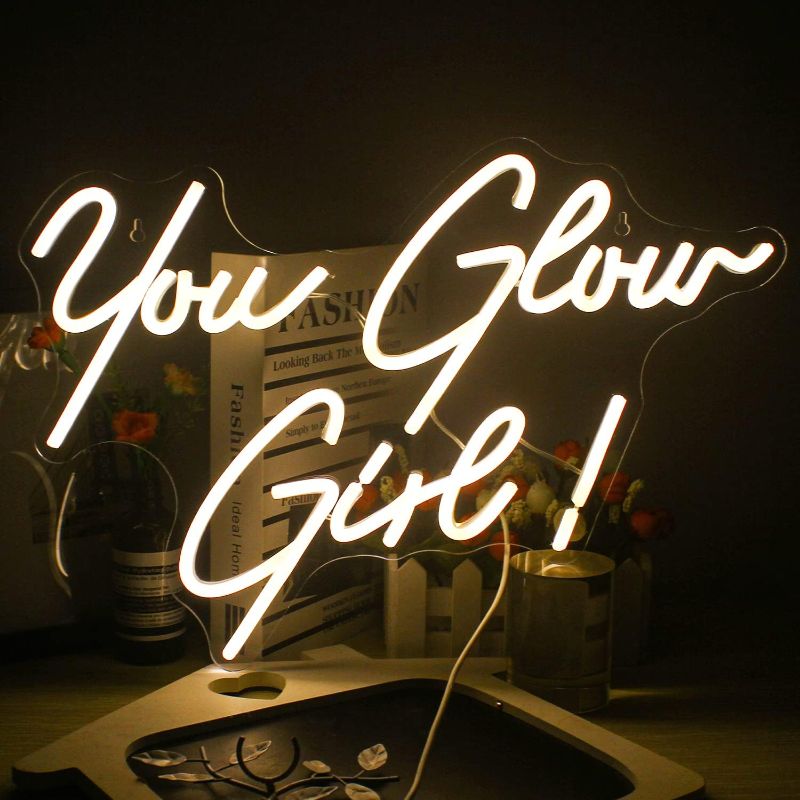 Photo 2 of FAXFSIGN You Glow Girl Neon Sign Led Warm White Word Neon Light Up Signs for Wall Decor Usb Letter Neon Lights for Bedroom Home Wedding Birthday Party Girls Gifts
