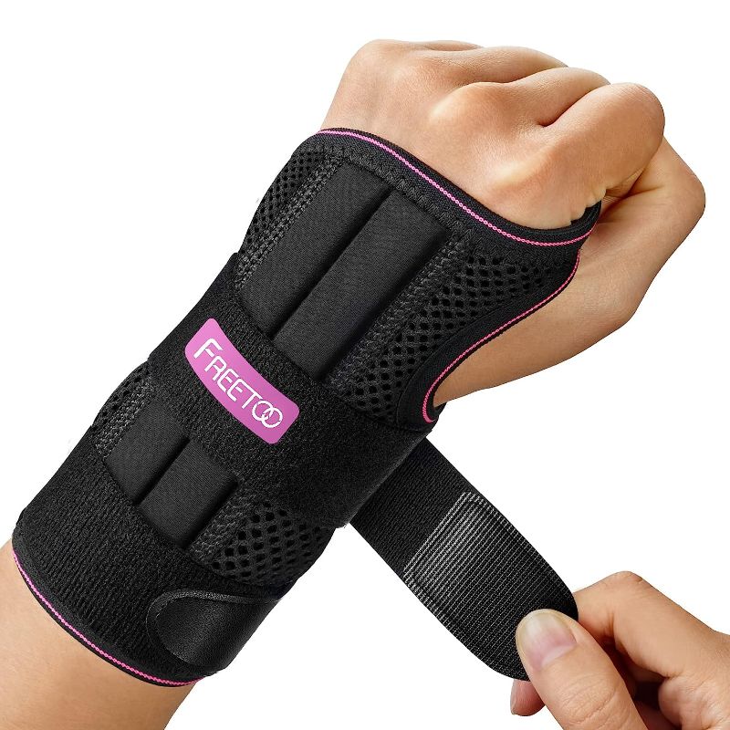 Photo 1 of FREETOO Wrist Brace for Carpal Tunnel Relief Night Support, Maximum Support Hand Brace with 3 Stays for Women Men, Adjustable Wrist Support Splint for Right Left Hands for Tendonitis, Arthritis ,Sprains, Rose Red (Left Hand, L/XL)
