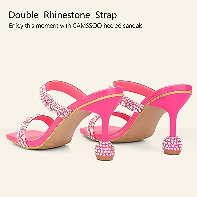 Photo 3 of CAMSSOO Women's Rhinestones Heels Sandals Square Open Toe Strappy Slip On Mules Dress Sexy Fashion Wedding Backless Stilettos Heeled Slippers
