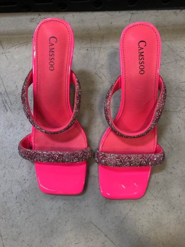 Photo 1 of CAMSSOO Women's Rhinestones Heels Sandals Square Open Toe Strappy Slip On Mules Dress Sexy Fashion Wedding Backless Stilettos Heeled Slippers

