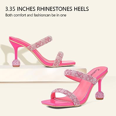 Photo 2 of CAMSSOO Women's Rhinestones Heels Sandals Square Open Toe Strappy Slip On Mules Dress Sexy Fashion Wedding Backless Stilettos Heeled Slippers
