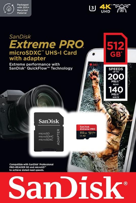 Photo 1 of SanDisk 512GB Extreme Pro Durable, Captures 4K UHD Video, 200MB/s Read and 140MB/s Write microSD UHS-I Card for Recording Outdoor Adventures and Weekend Trips