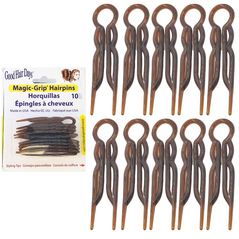 Photo 2 of Good Hair Days Hair Pins - Plastic, U-shaped Magic Grip Hairpins, Strong Durable Pins For Fine, Thick & Long Hair, Hair Styling Accessories, Set of 10 (Tortoise Shell)
