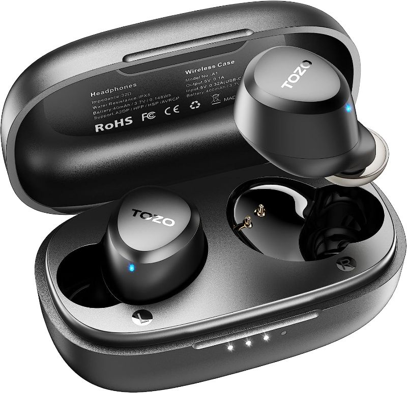 Photo 1 of TOZO A1 Mini Wireless Earbuds Bluetooth 5.3 in Ear Light-Weight Headphones Built-in Microphone, IPX5 Waterproof, Immersive Premium Sound Long Distance Connection Headset with Charging Case, Black
