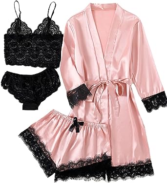 Photo 1 of LYANER Women's 4pcs Sleepwear Satin Floral Lace Trim Cami Pajama Set with Robe
