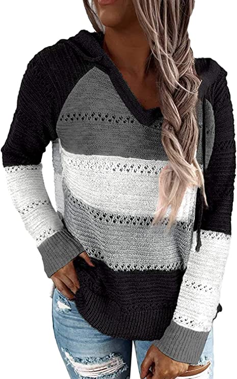 Photo 1 of  Women's Color Block Pullover Sweater Lightweight Hollow Out Hoodie LARGE